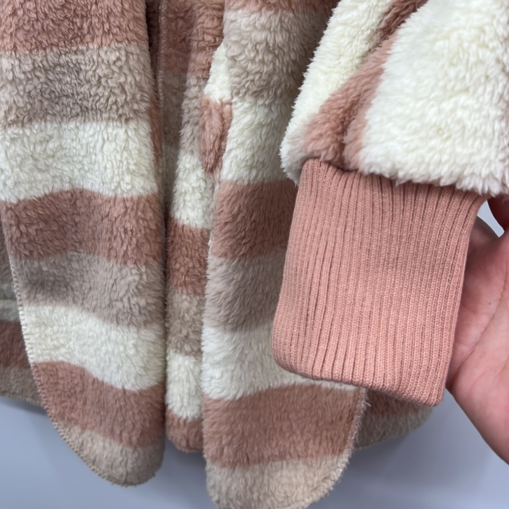 🆕Women’s Soft Fleece Cozy Cardigan Hoodie Cream Rose Mocha Striped W/Pockets - Picture 8 of 12